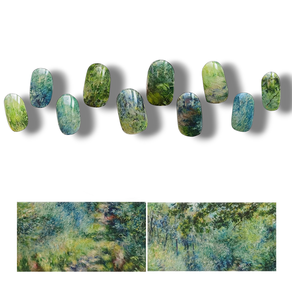半硬化ジェルネイルシール Gel Nail Stickers【A020】Impressionism Renoirは、ルノワールの絵画『Trail in the woods』をモチーフにしたネイルアート。緑と青を基調とした印象派風デザインが特徴。