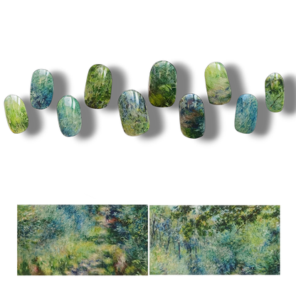 半硬化ジェルネイルシール Gel Nail Stickers【A020】Impressionism Renoirは、ルノワールの絵画『Trail in the woods』をモチーフにしたネイルアート。緑と青を基調とした印象派風デザインが特徴。